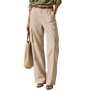 HM Conscious Beige Cotton Cargo Pants Adjustable Hem Multi Pocket US 6 NEW‎
